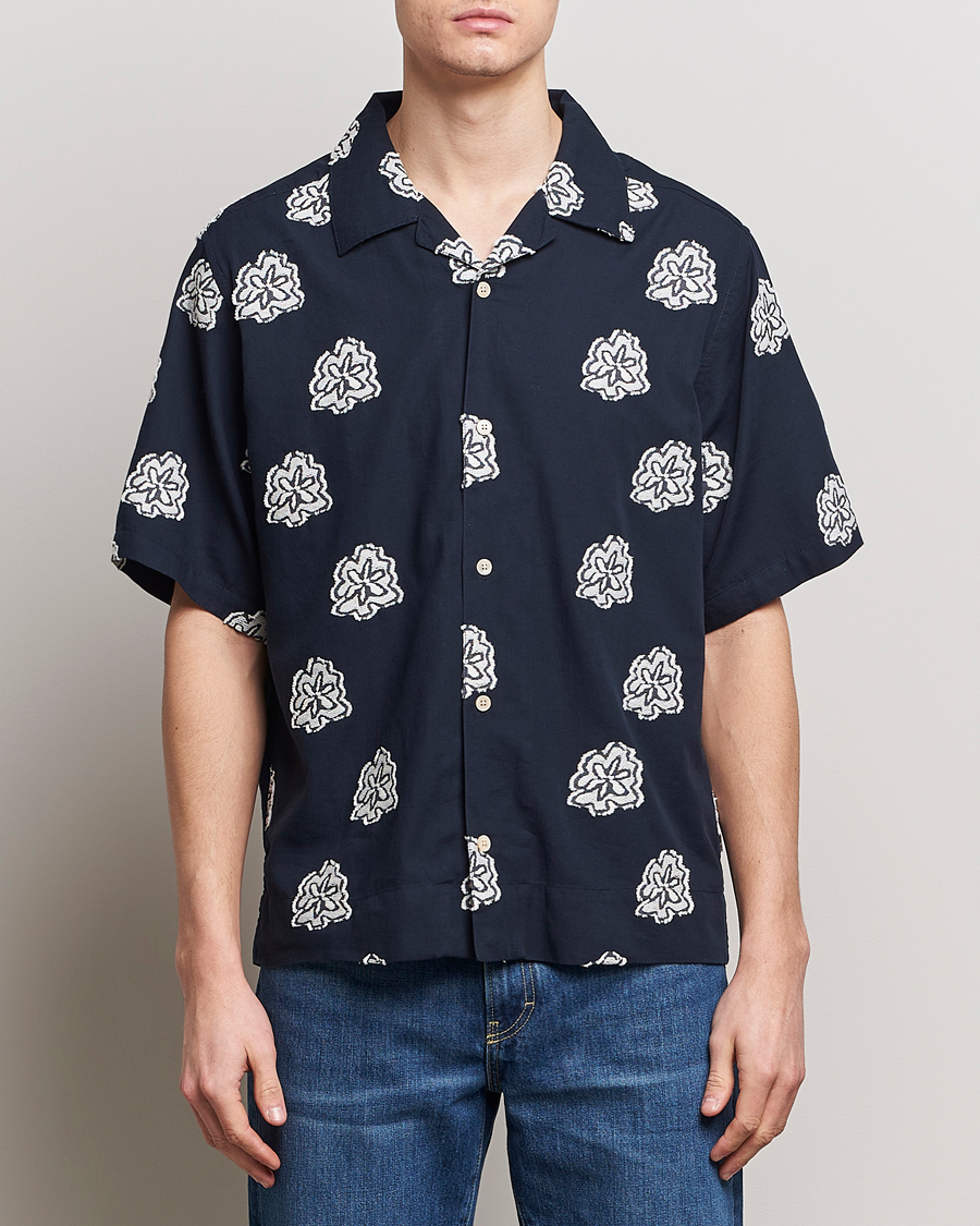 Herre |  | NN07 | Leo Printed Short Sleeve Shirt Navy Blue