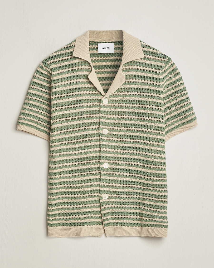Herre | Skjorter | NN07 | Henry Knitted Striped Short Shleeve Shirt Ecru/Green