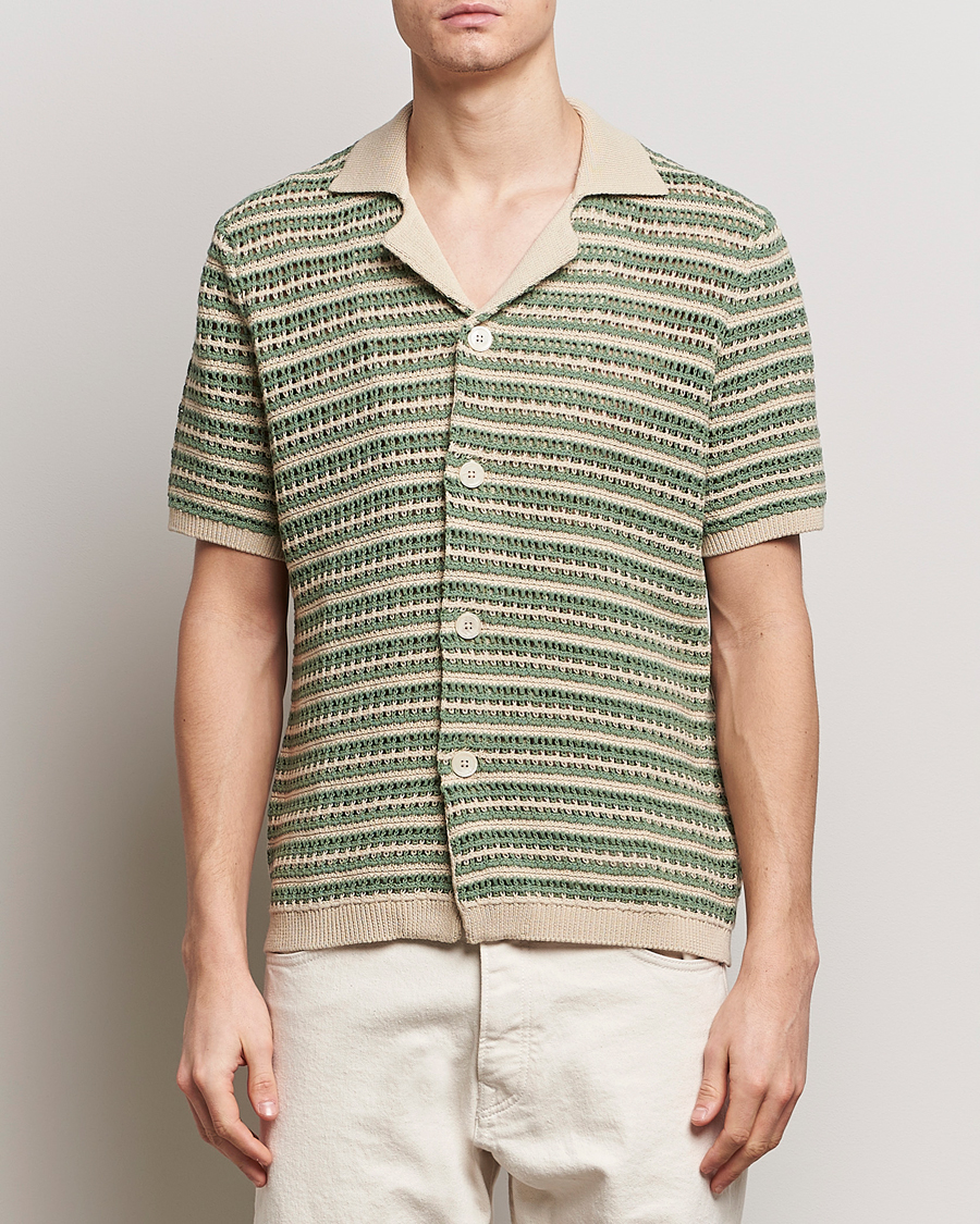 Herre | Kortermede skjorter | NN07 | Henry Knitted Striped Short Shleeve Shirt Ecru/Green