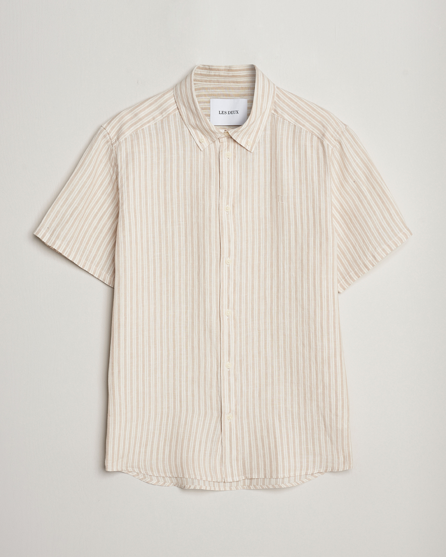 Herre | Skjorter | LES DEUX | Kris Linen Striped Short Sleeve Shirt Sand/Ivory