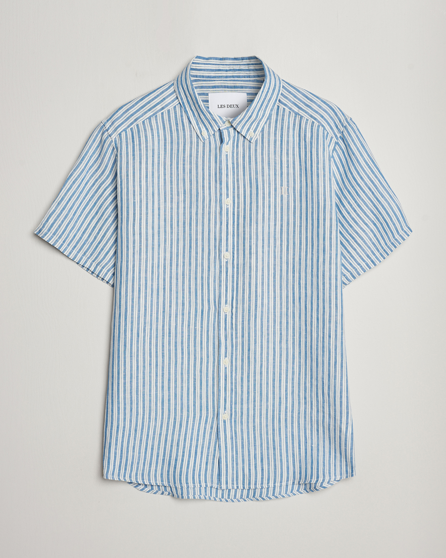 Herre | Skjorter | LES DEUX | Kris Linen Striped Short Sleeve Shirt Blue/Ivory
