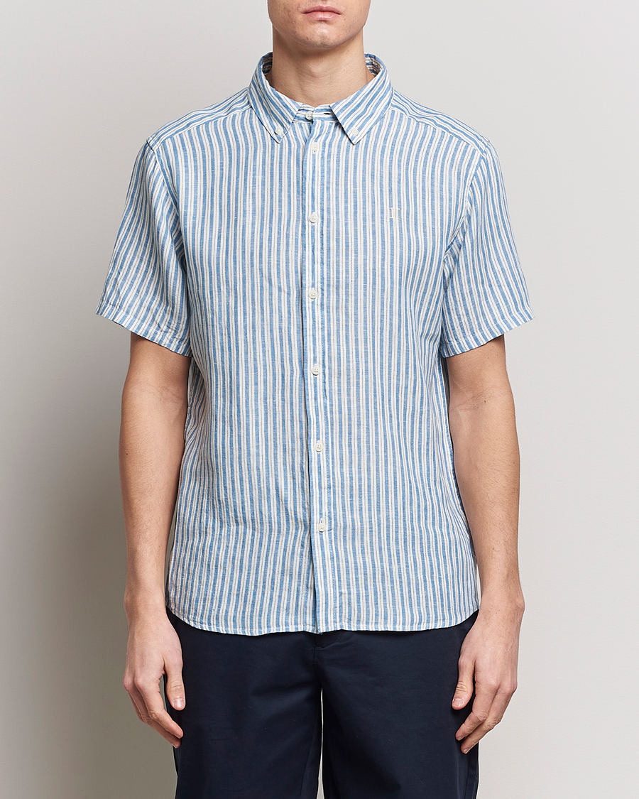 Herre | Plagg i lin | LES DEUX | Kris Linen Striped Short Sleeve Shirt Blue/Ivory