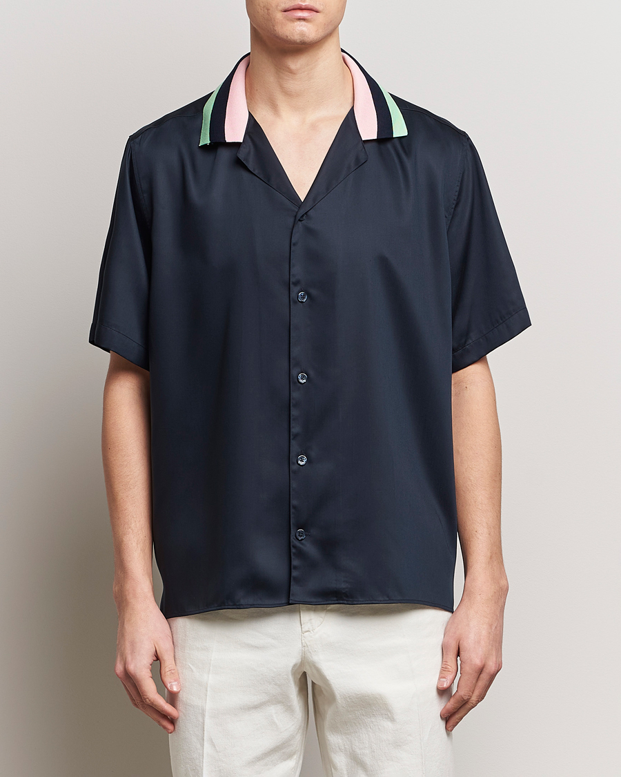 Herre | Skjorter | J.Lindeberg | Skala Knit Collar Tencel Shirt Navy