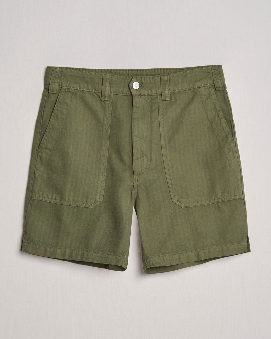 Herre | Shorts | Drake's | Herringbone Fatigue Cotton Shorts Olive