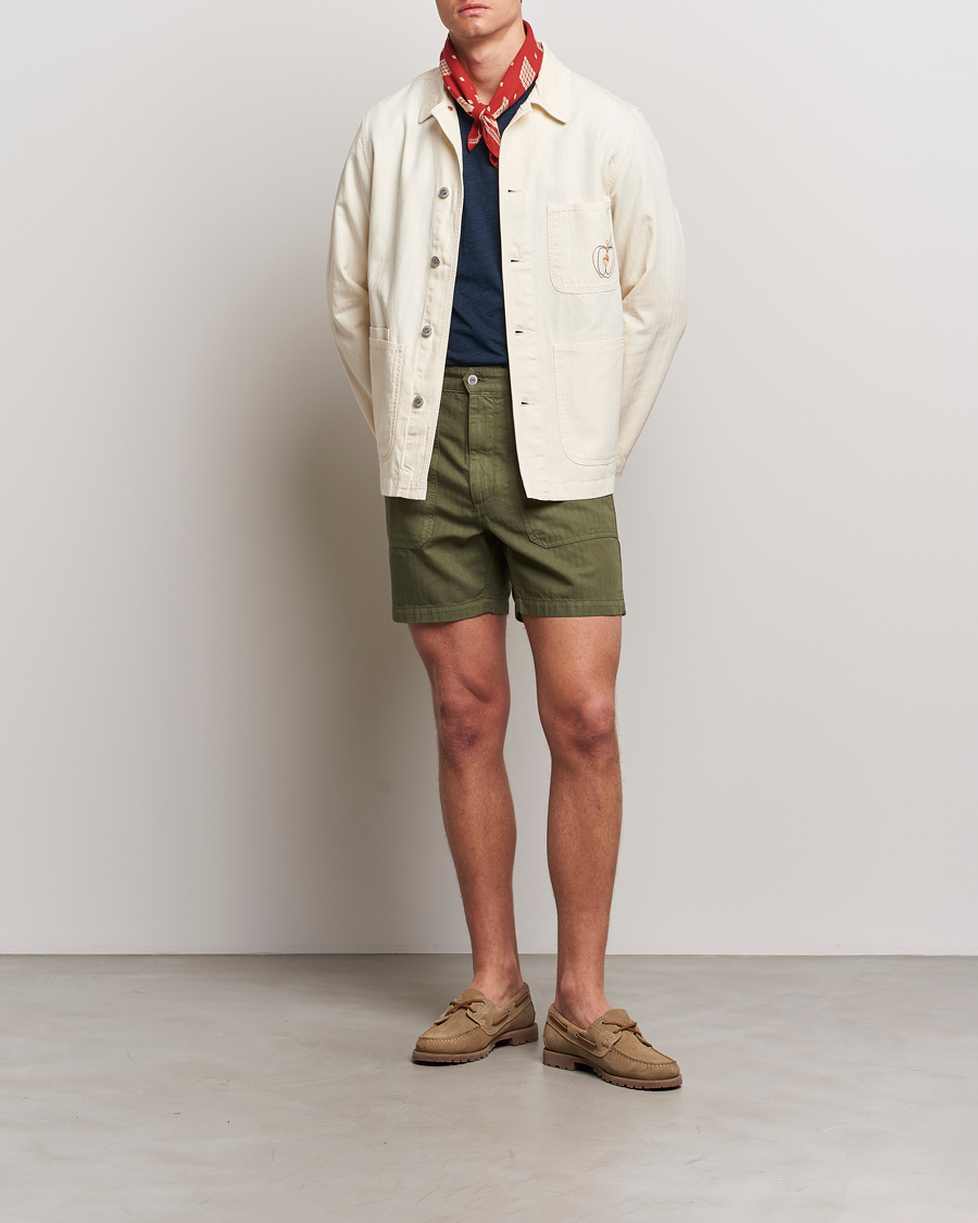 Herre | Shorts | Drake's | Herringbone Fatigue Cotton Shorts Olive