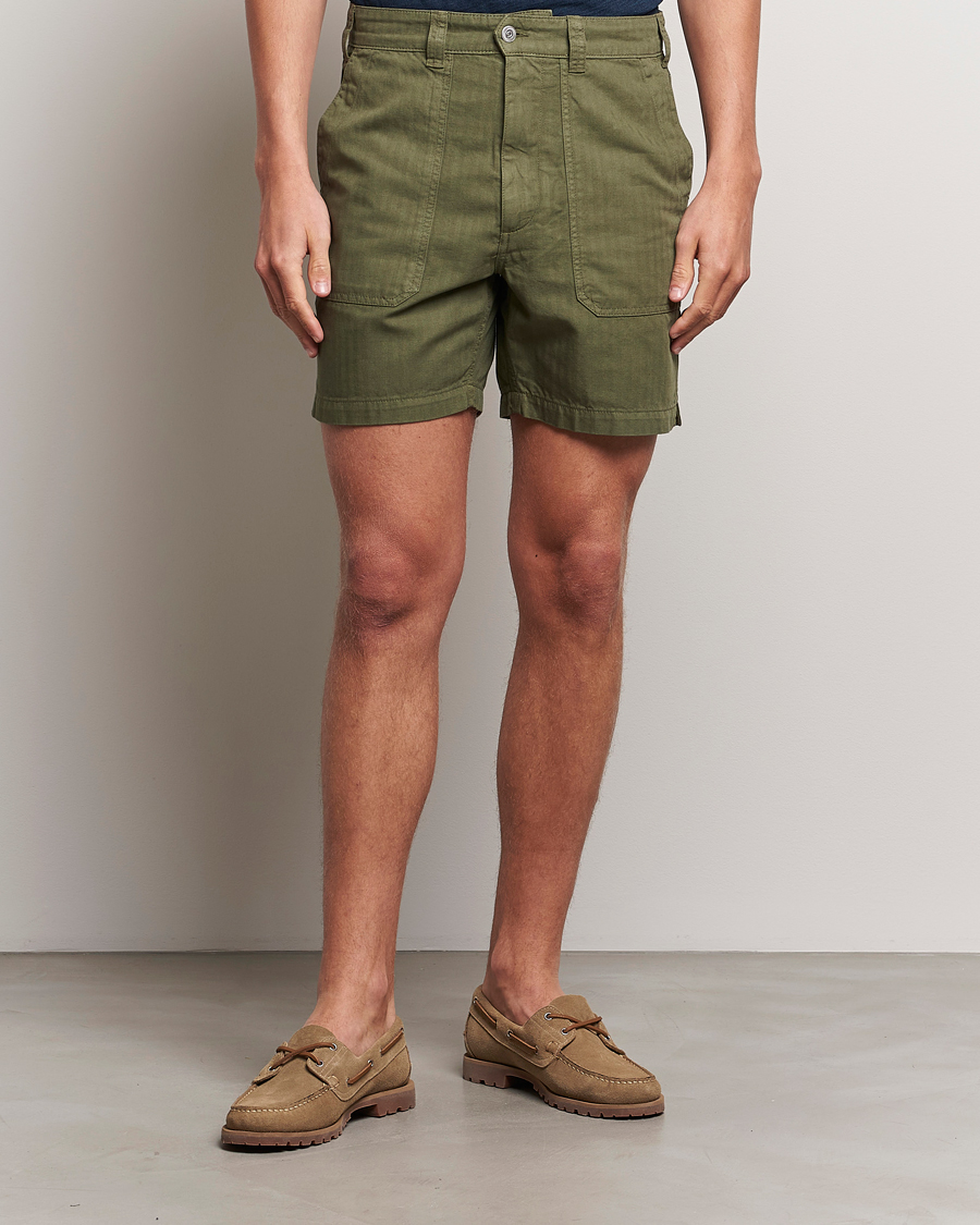 Herre | Shorts | Drake's | Herringbone Fatigue Cotton Shorts Olive