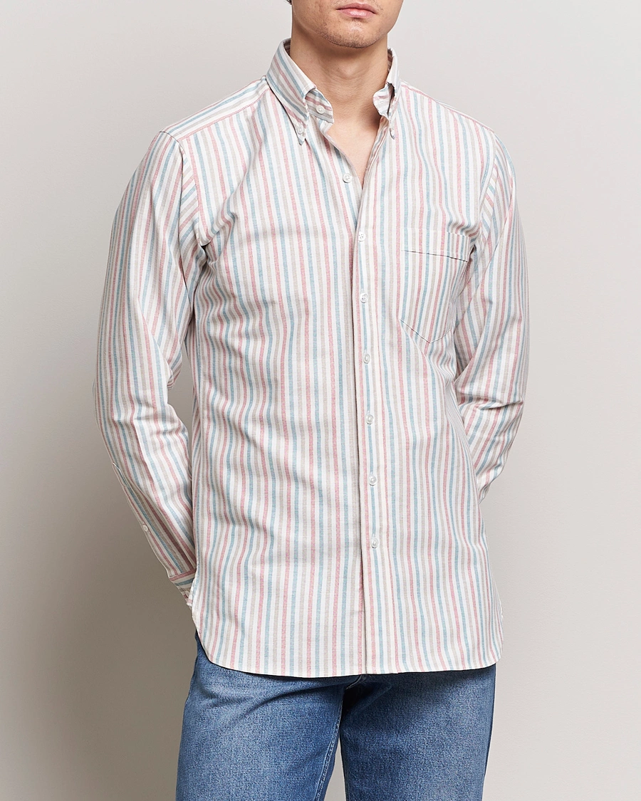 Herre | Skjorter | Drake's | Thin Tripple Stripe Oxford Shirt White