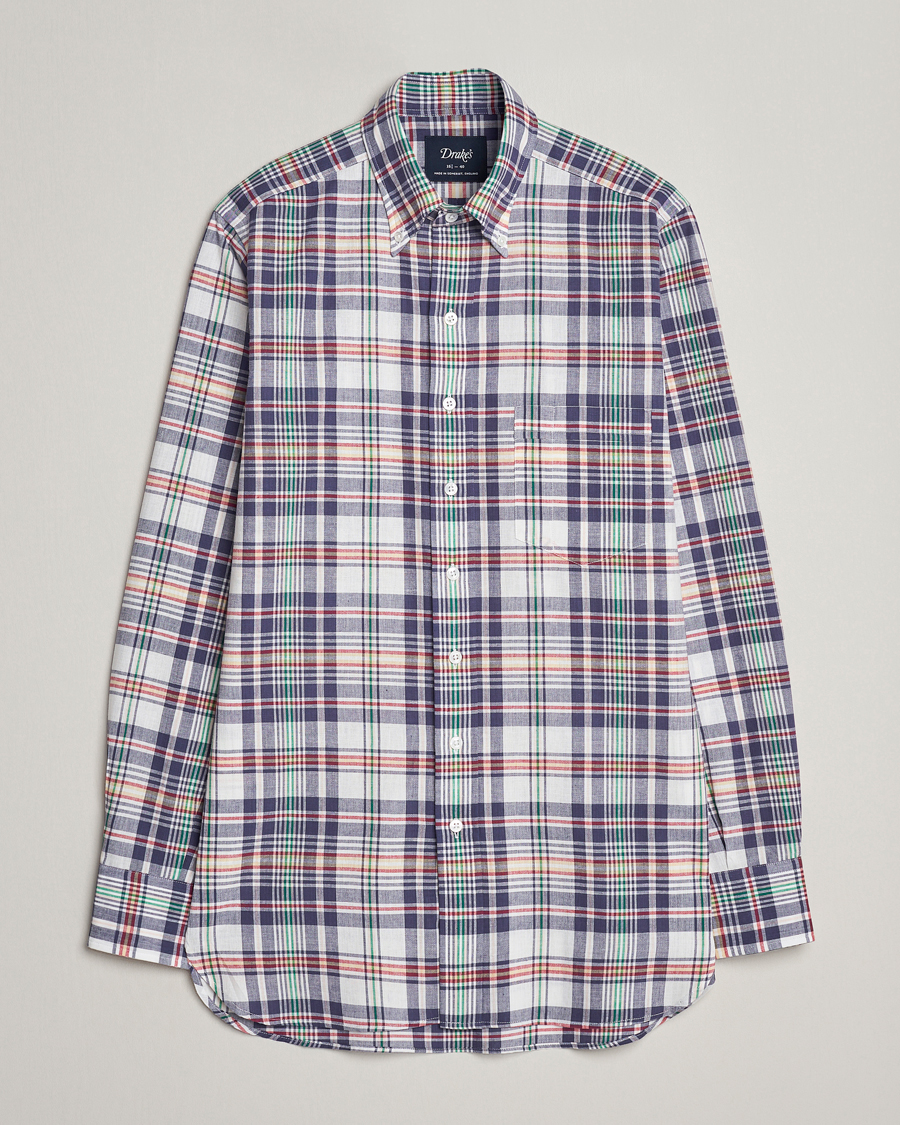 Herre | Skjorter | Drake's | Madras Checked Linen Button Down Shirt Navy