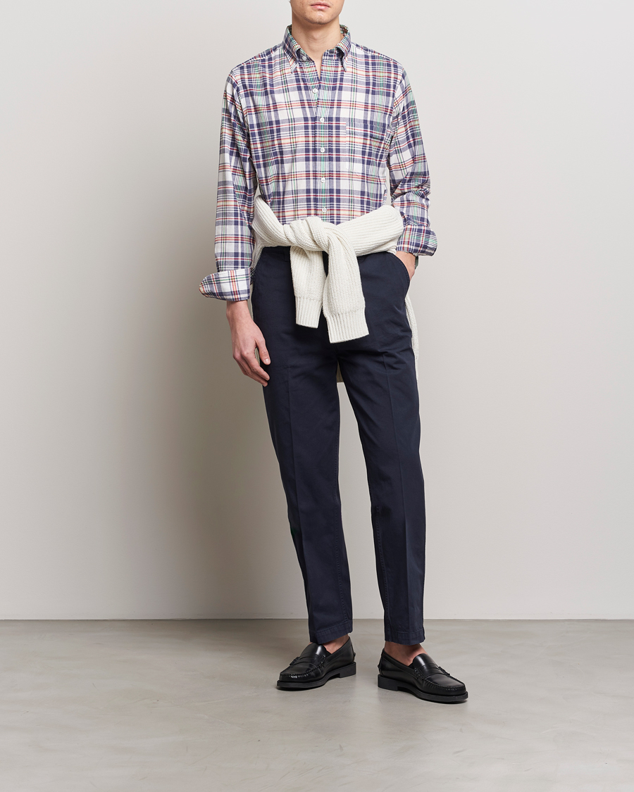 Herre | Skjorter | Drake's | Madras Checked Linen Button Down Shirt Navy