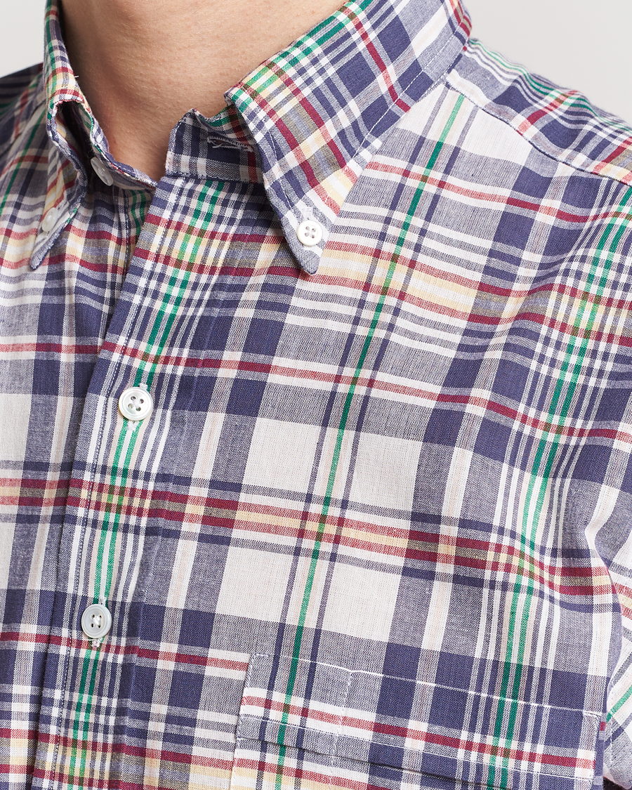 Herre | Skjorter | Drake's | Madras Checked Linen Button Down Shirt Navy