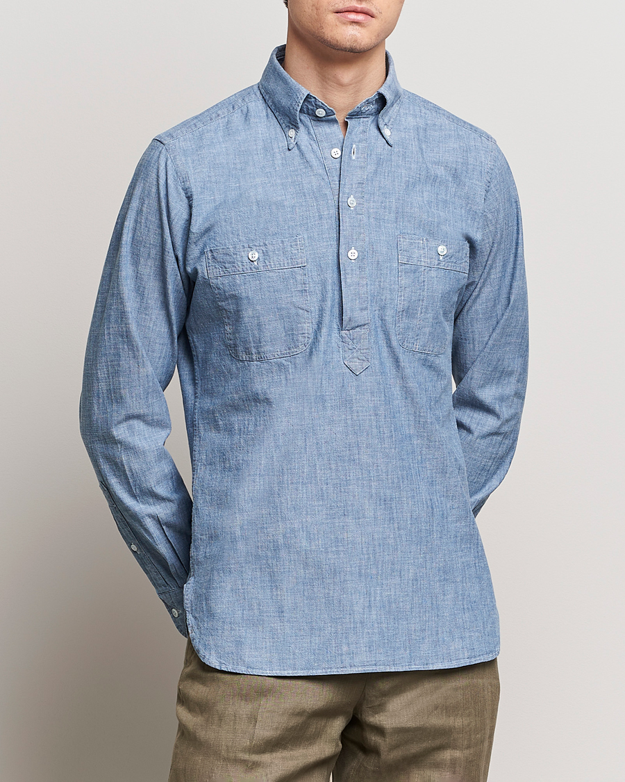 Herre |  | Drake's | Chambray Popover Work Shirt Blue