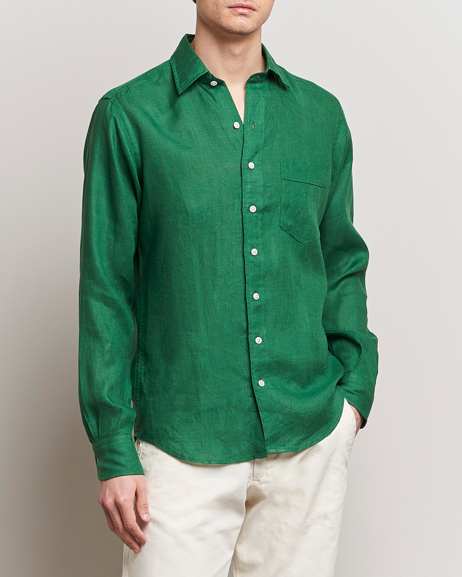 Herre | Preppy Authentic | Drake's | Linen Summer Shirt Green