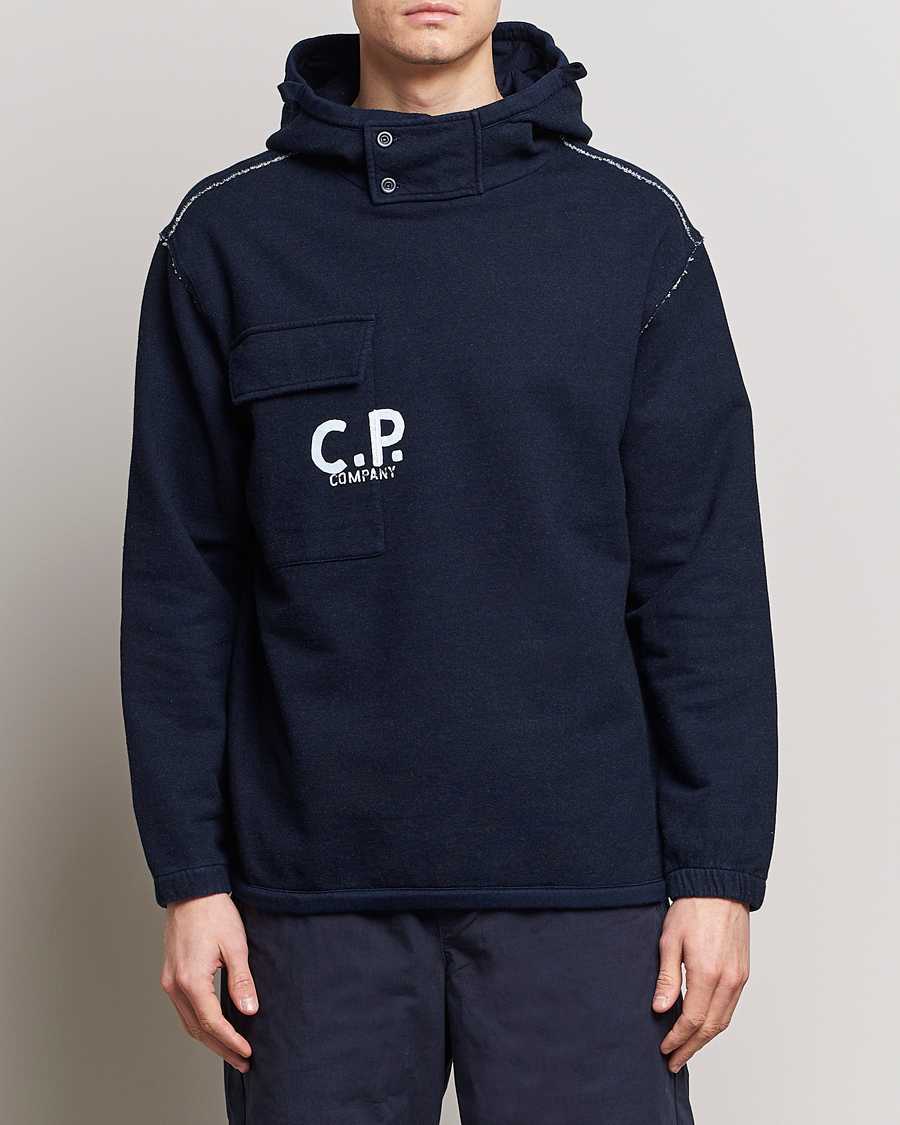 Herre | C.P. Company | C.P. Company | Washed Indigo Fleece Hooded Sweatshirt Navy