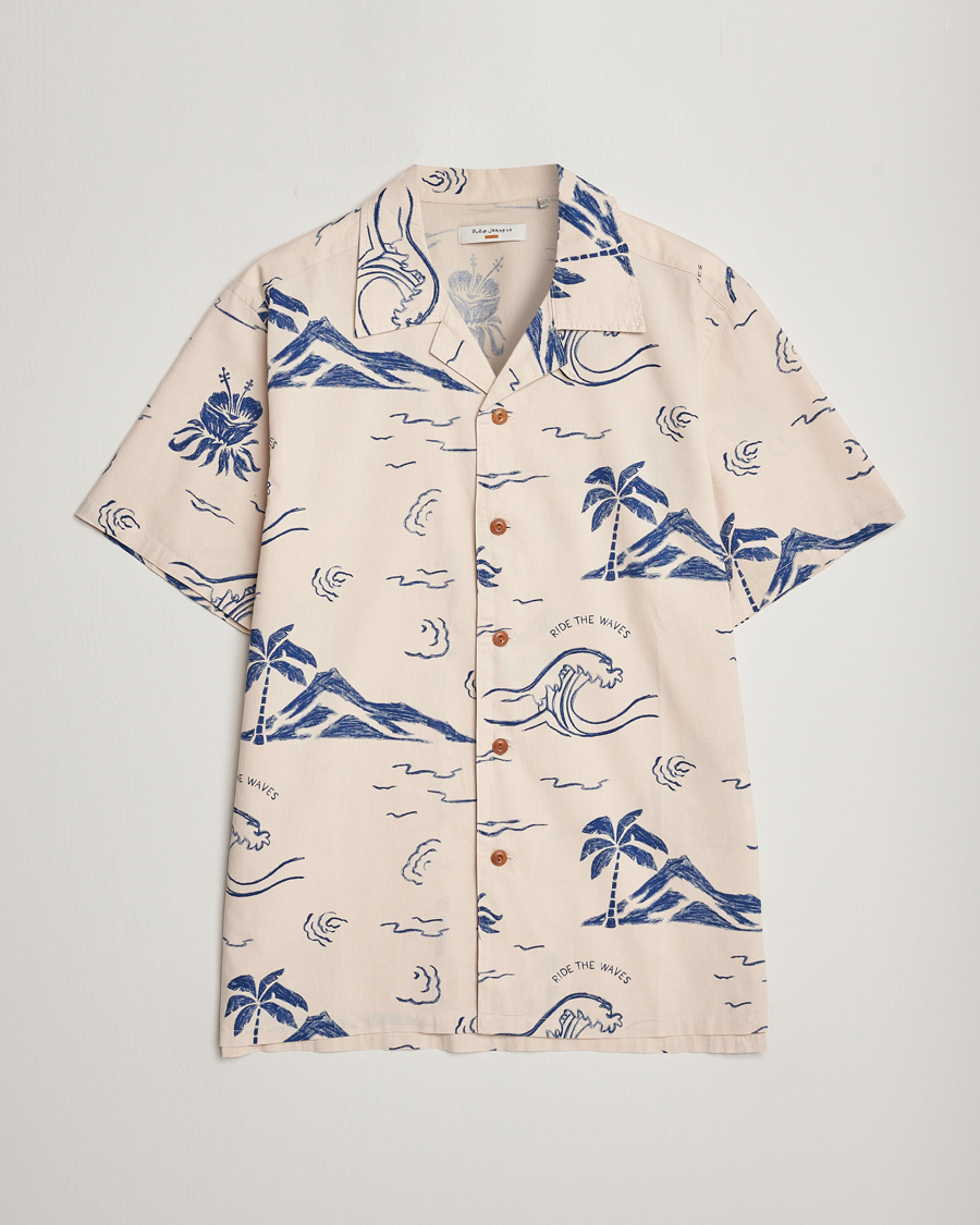 Herre | Skjorter | Nudie Jeans | Arvid Printed Waves Hawaii Short Sleeve Shirt Ecru
