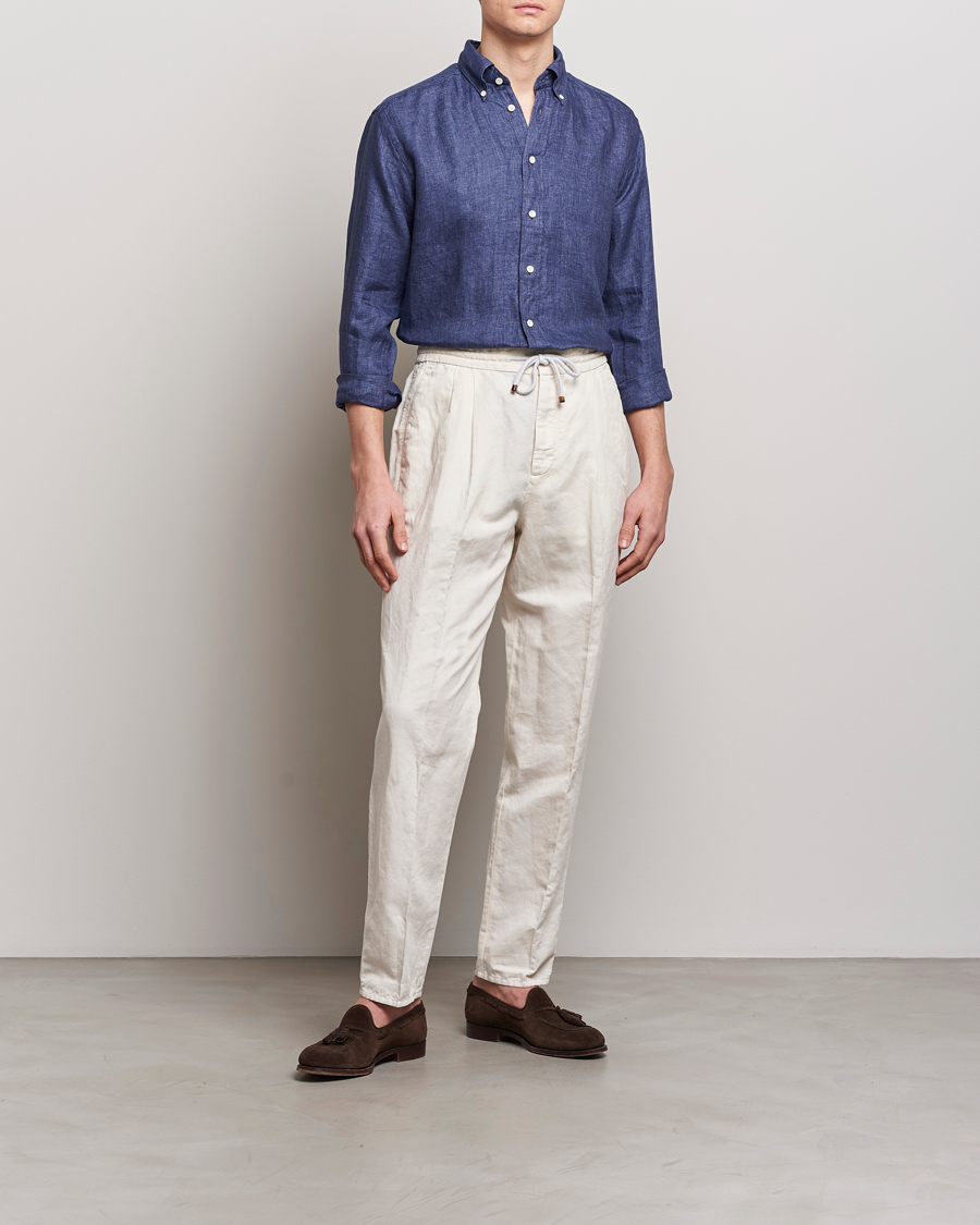 Herre | Skjorter | Eton | Slim Fit Linen Button Down Shirt Navy Blue