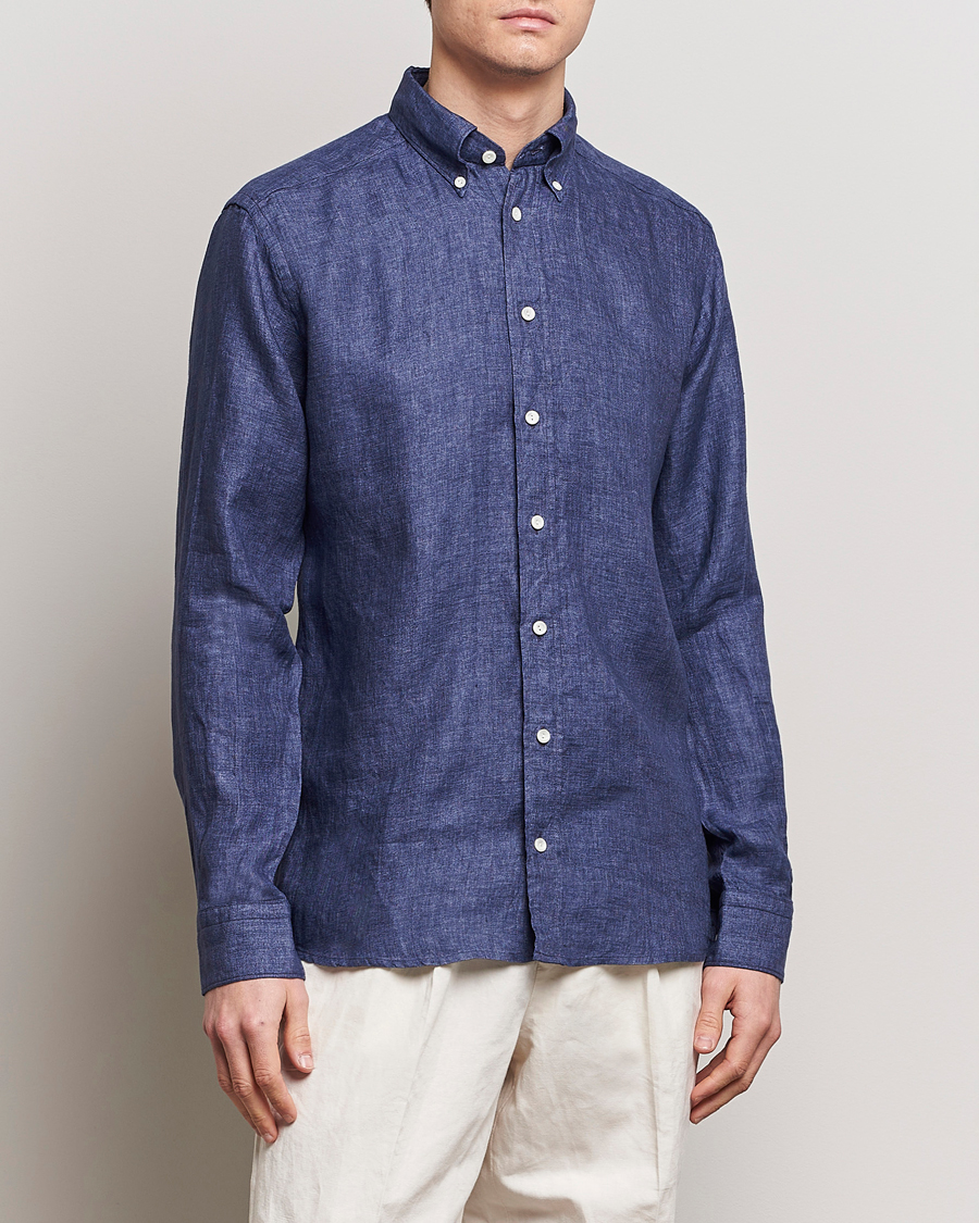 Herre | Business & Beyond | Eton | Slim Fit Linen Button Down Shirt Navy Blue