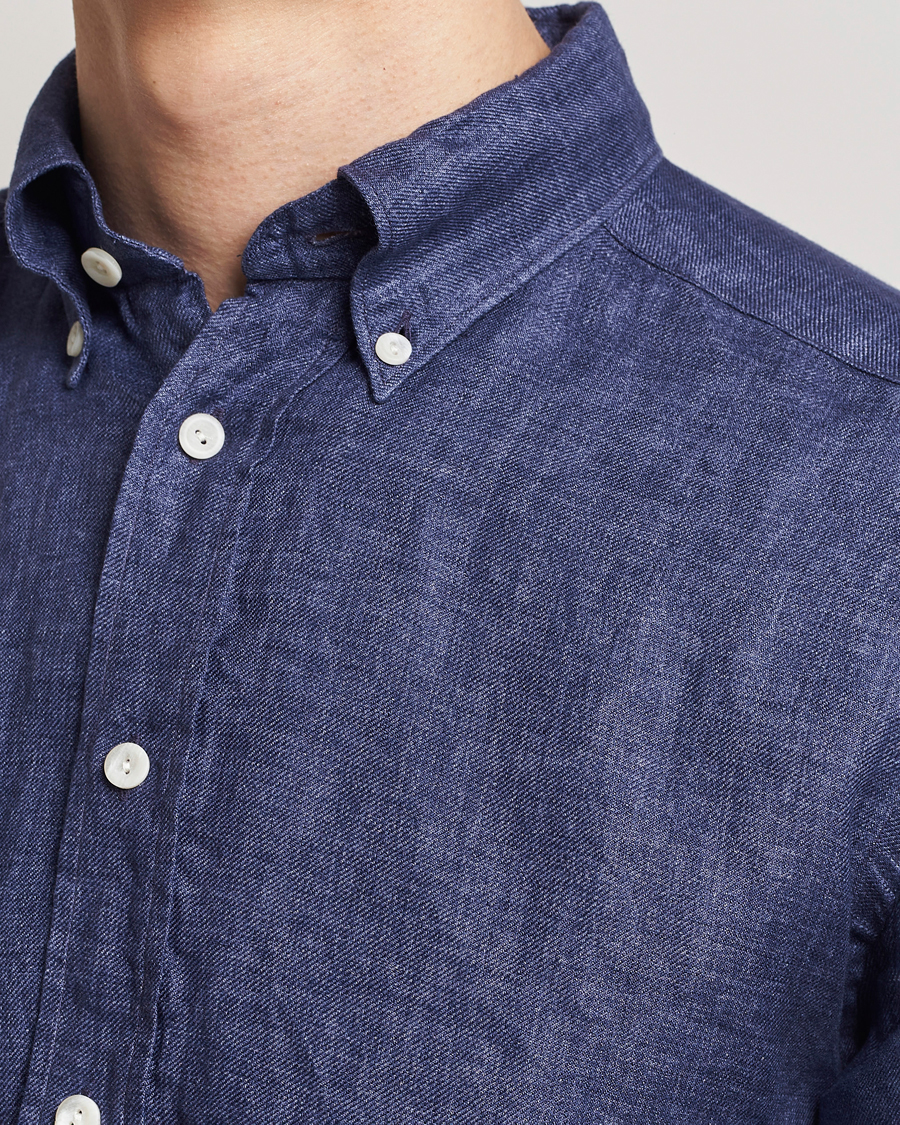 Herre | Skjorter | Eton | Slim Fit Linen Button Down Shirt Navy Blue