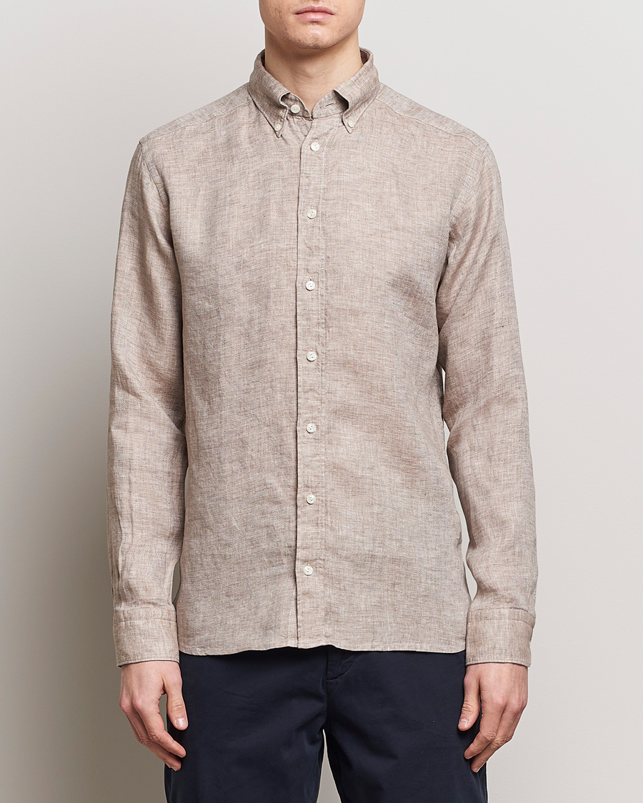 Herr |  | Eton | Slim Fit Linen Button Down Shirt Brown