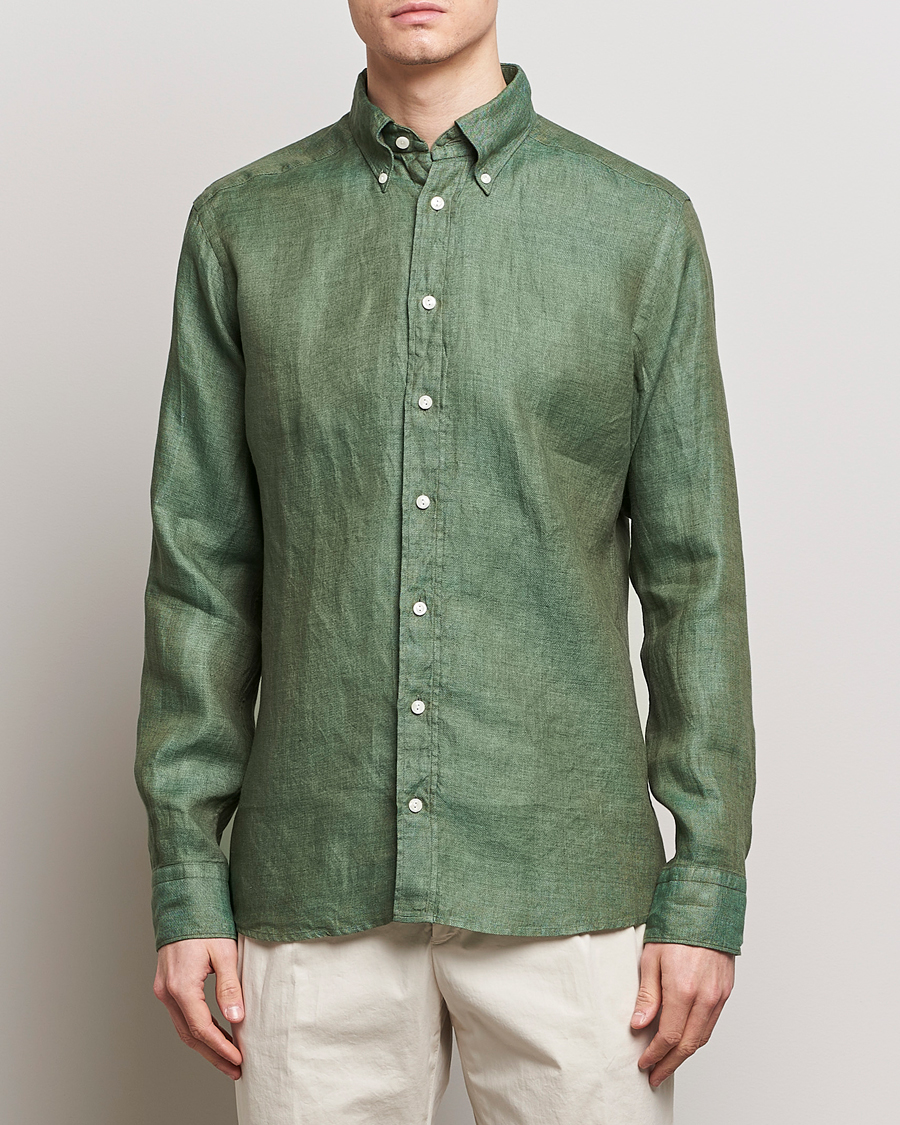 Herre | Business & Beyond | Eton | Slim Fit Linen Button Down Shirt Dark Green