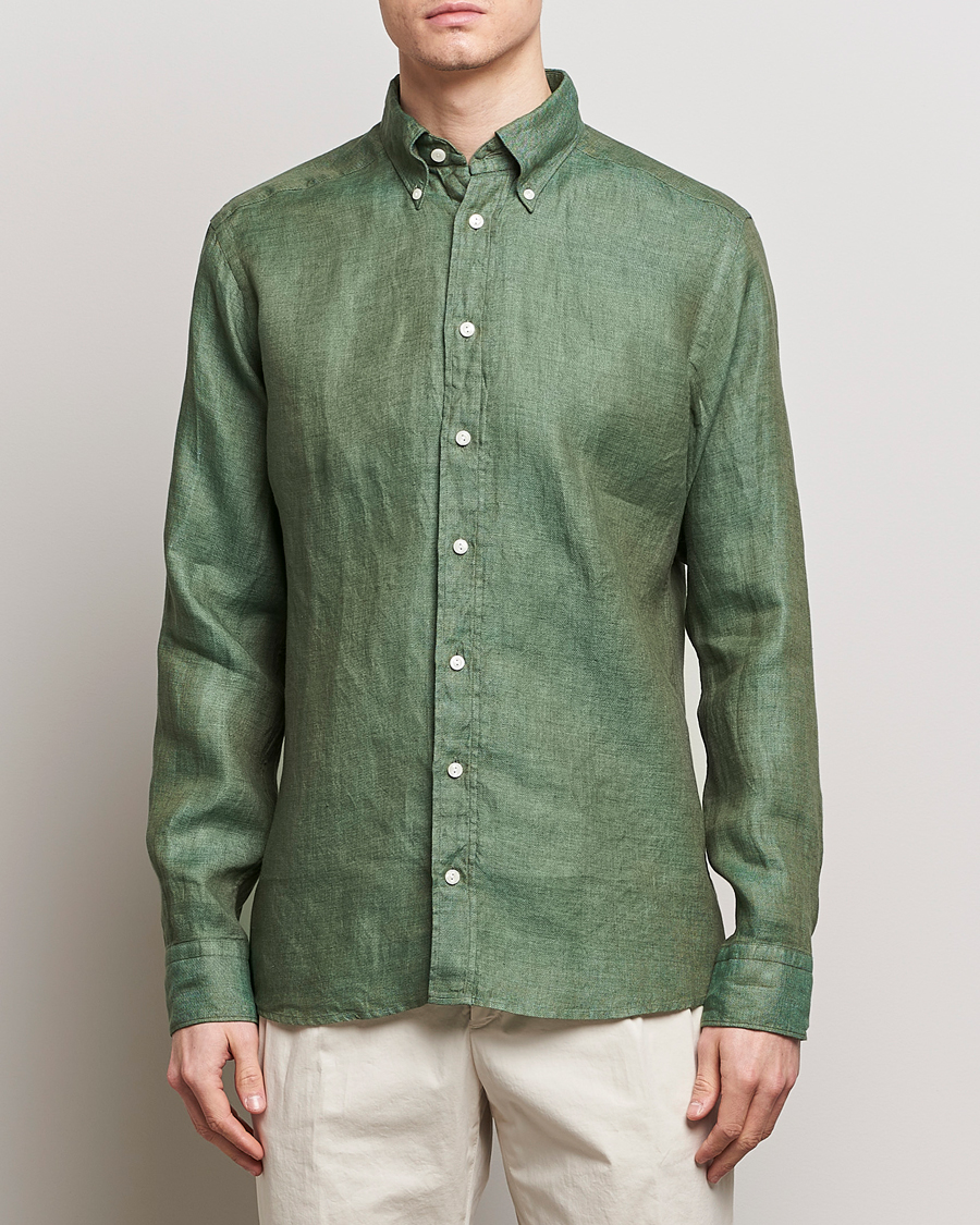 Herre | Plagg i lin | Eton | Slim Fit Linen Button Down Shirt Dark Green