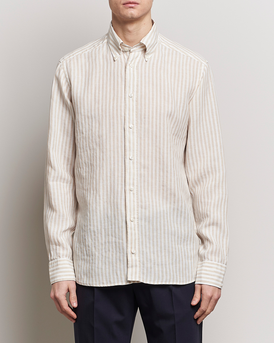 Herre | Business & Beyond | Eton | Slim Fit Striped Linen Shirt Beige/White