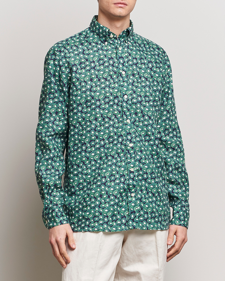 Herre | Linskjorter | Eton | Contemporary Fit Printed Linen Shirt Green Kiwi