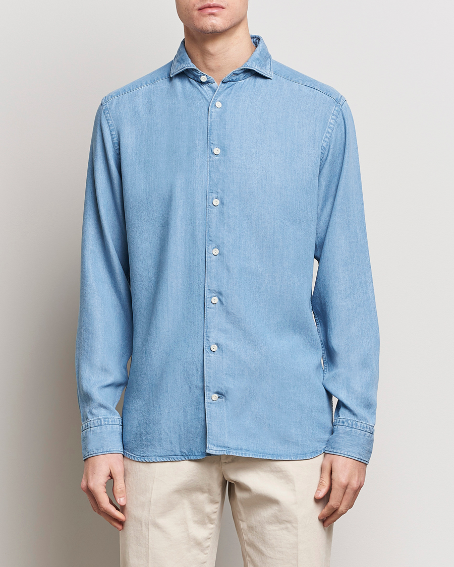 Herre | Business & Beyond | Eton | Slim Fit Denim Tencel Shirt Blue