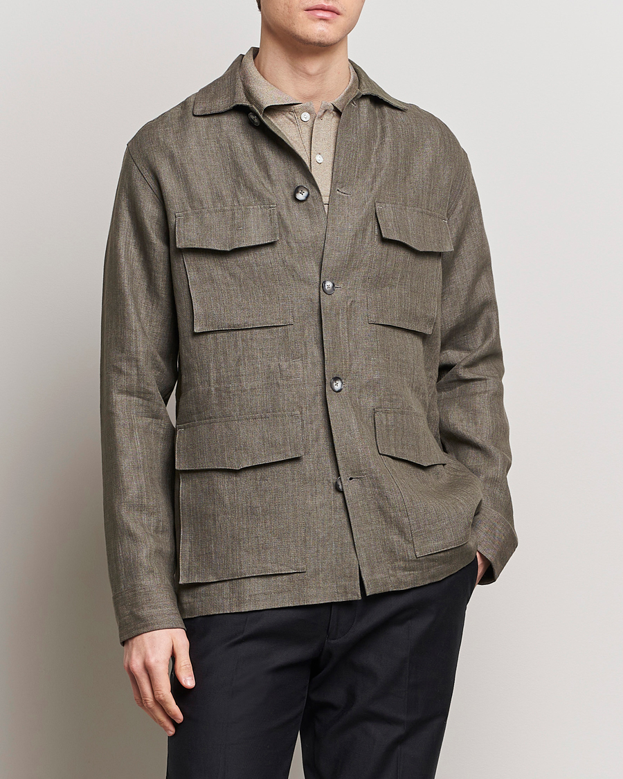 Herre | Dressede jakker | Eton | Heavy Linen Drawstring Field Jacket Dark Green