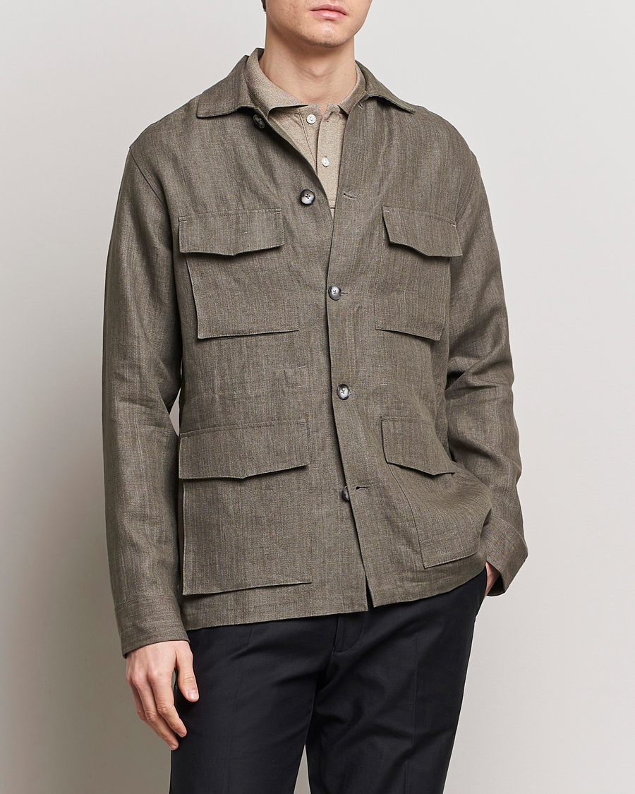 Herre | Fieldjakker | Eton | Heavy Linen Drawstring Field Jacket Dark Green