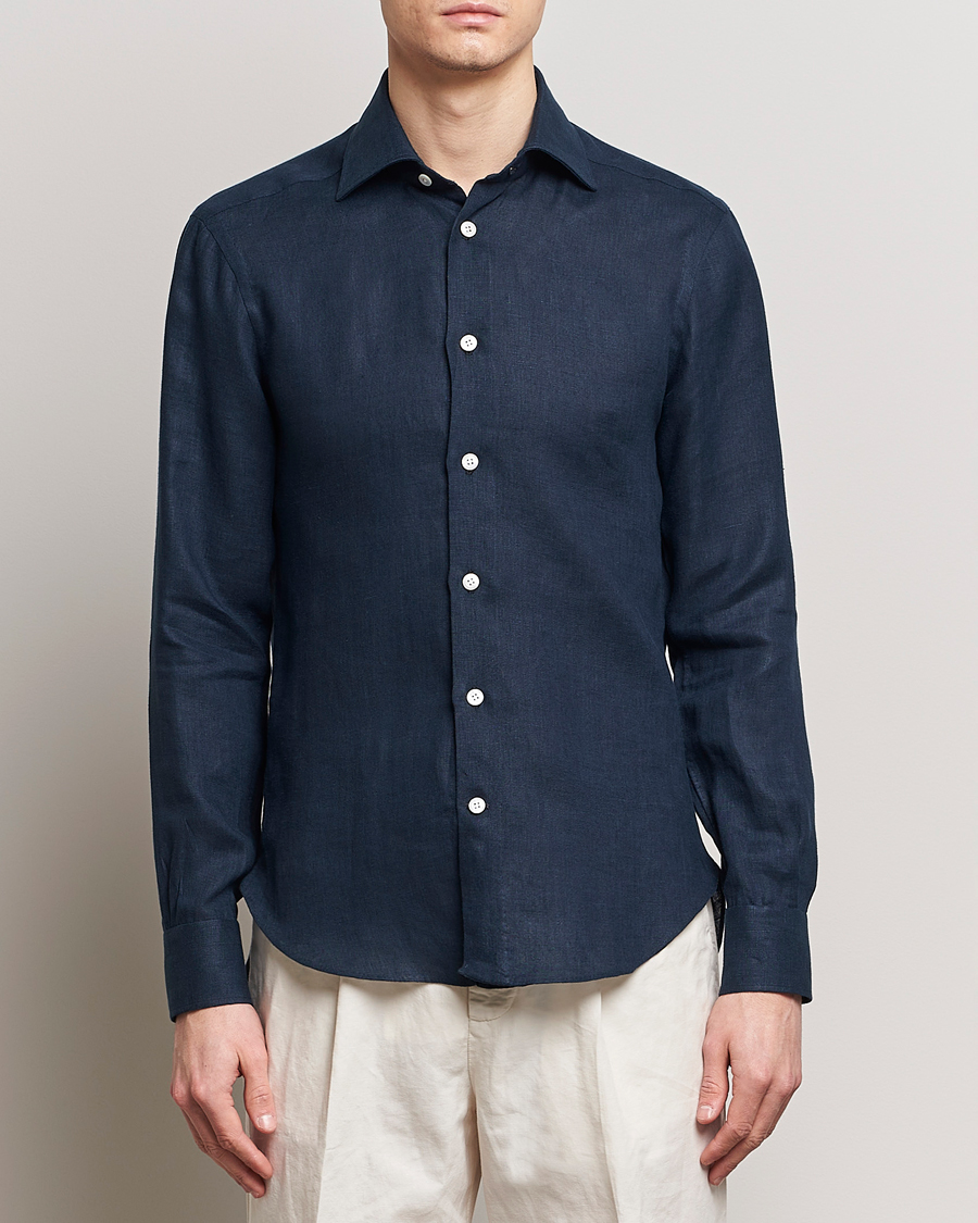 Herre | Luxury Brands | Kiton | Linen Sport Shirt Navy