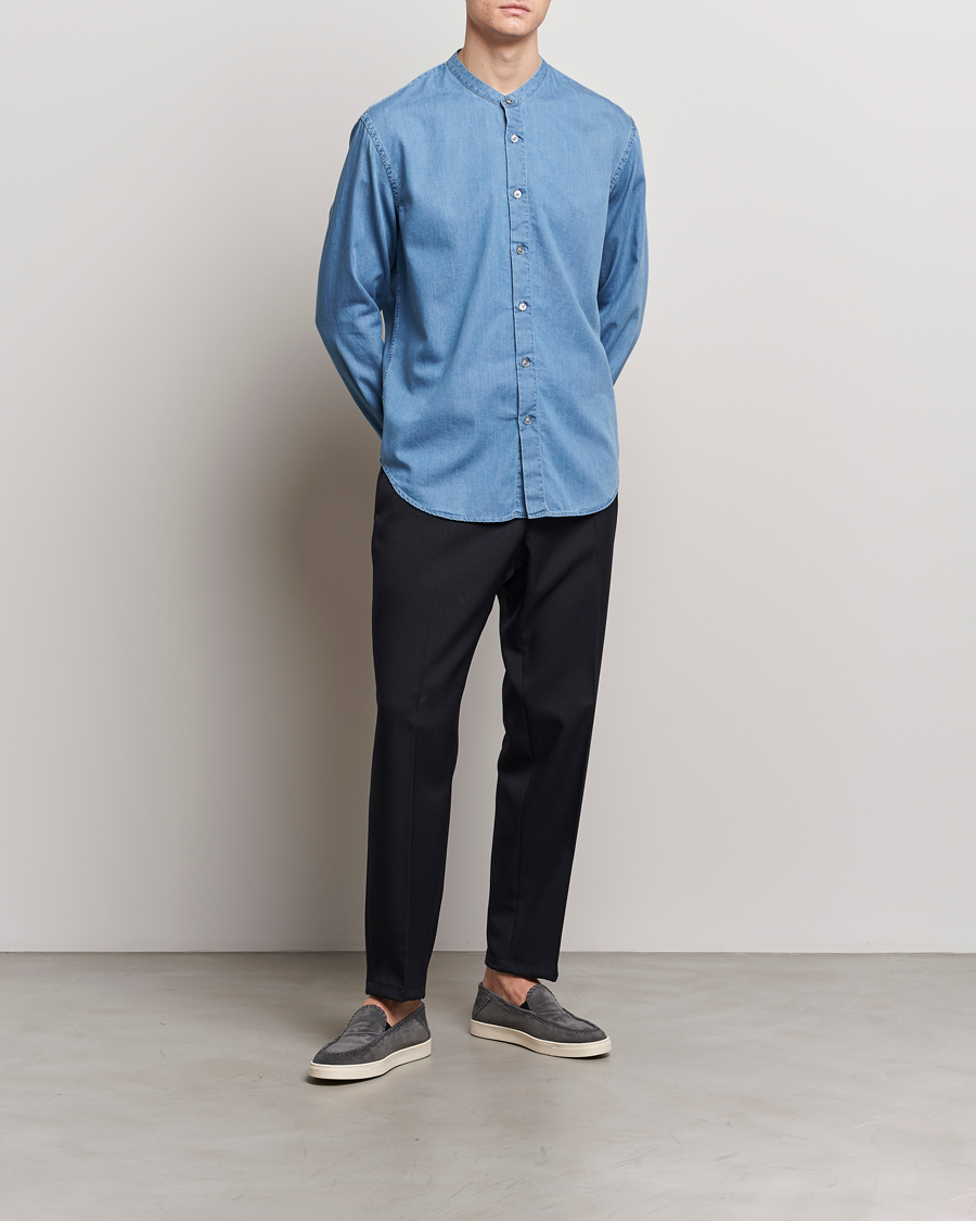 Herre | Skjorter | Giorgio Armani | Slim Fit Denim Guru Collar Shirt Light Indigo