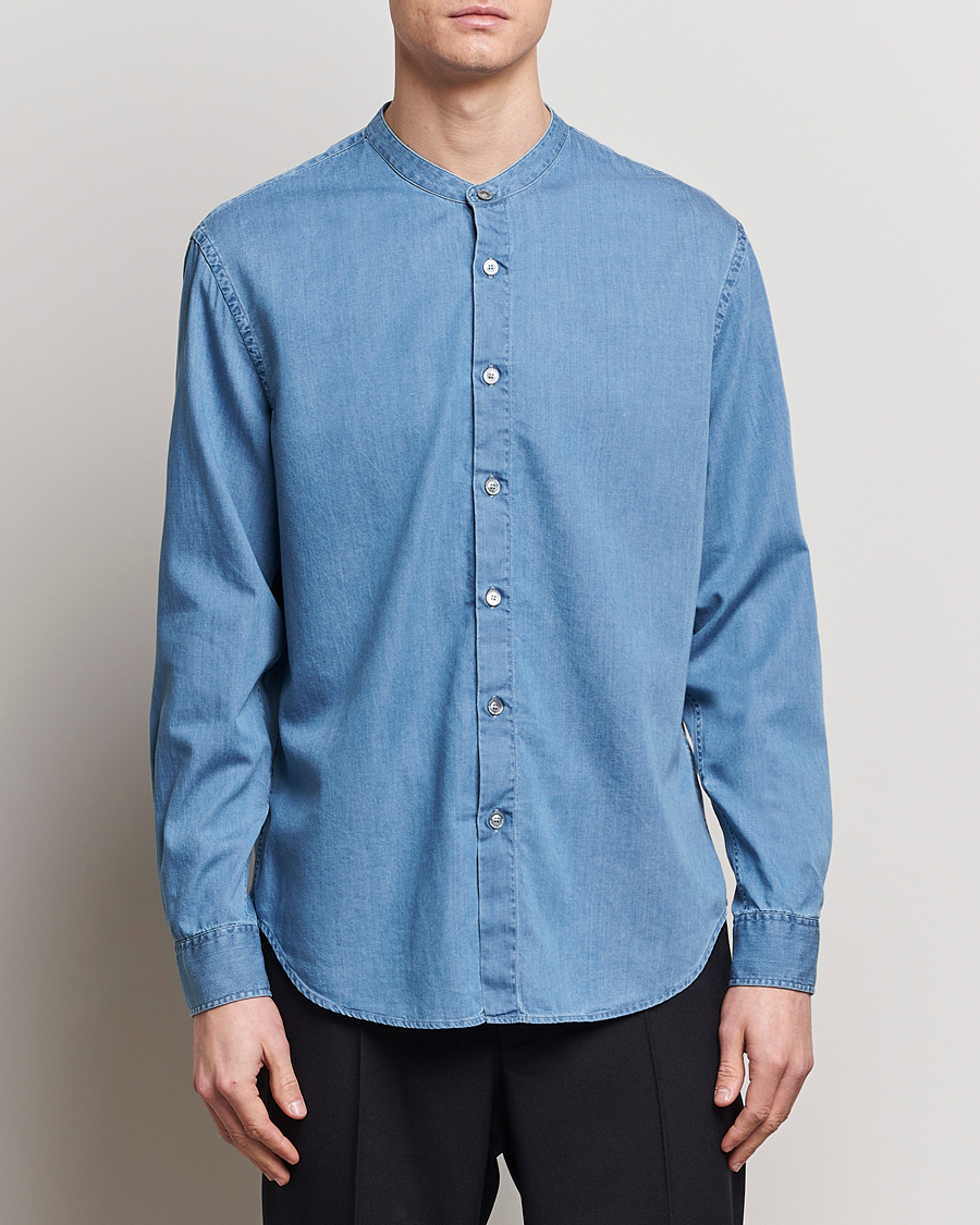 Herre |  | Giorgio Armani | Slim Fit Denim Guru Collar Shirt Light Indigo