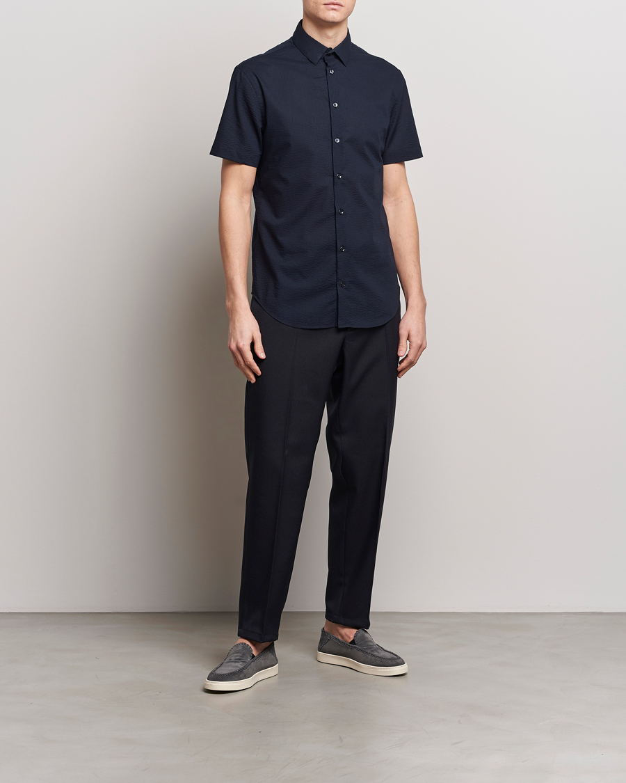 Herre | Skjorter | Giorgio Armani | Short Sleeve Seersucker Shirt Navy