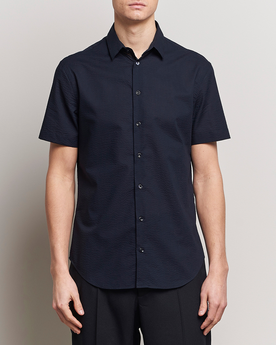 Herre | Casual | Giorgio Armani | Short Sleeve Seersucker Shirt Navy