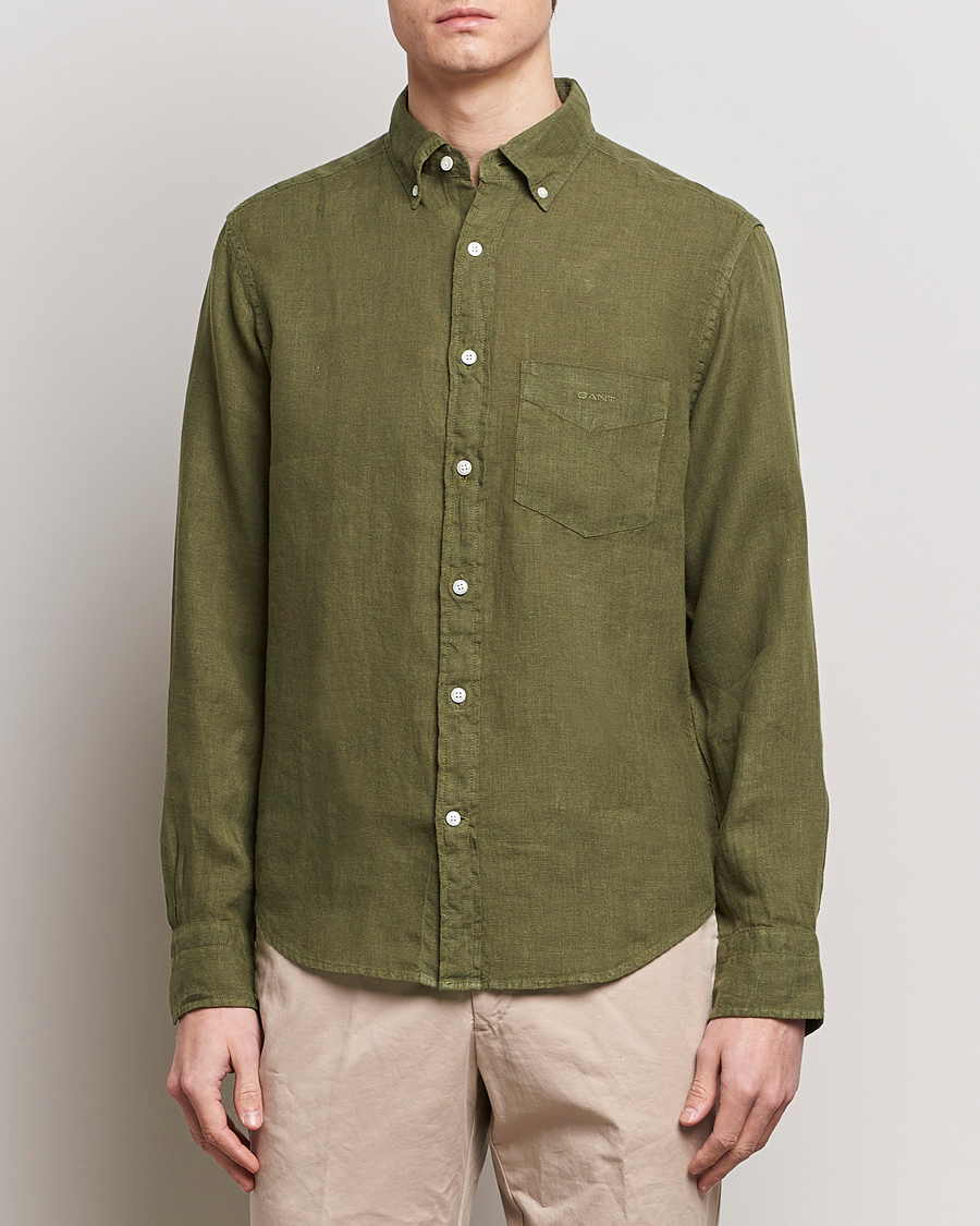 Herre | Linskjorter | GANT | Regular Fit Garment Dyed Linen Shirt Juniper Green