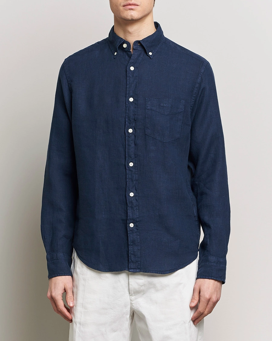 Herre | Preppy Authentic | GANT | Regular Fit Garment Dyed Linen Shirt Marine