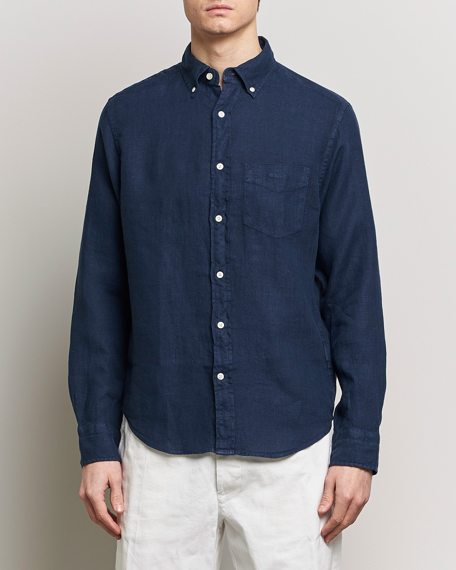 Herre | Lojalitetstilbud | GANT | Regular Fit Garment Dyed Linen Shirt Marine