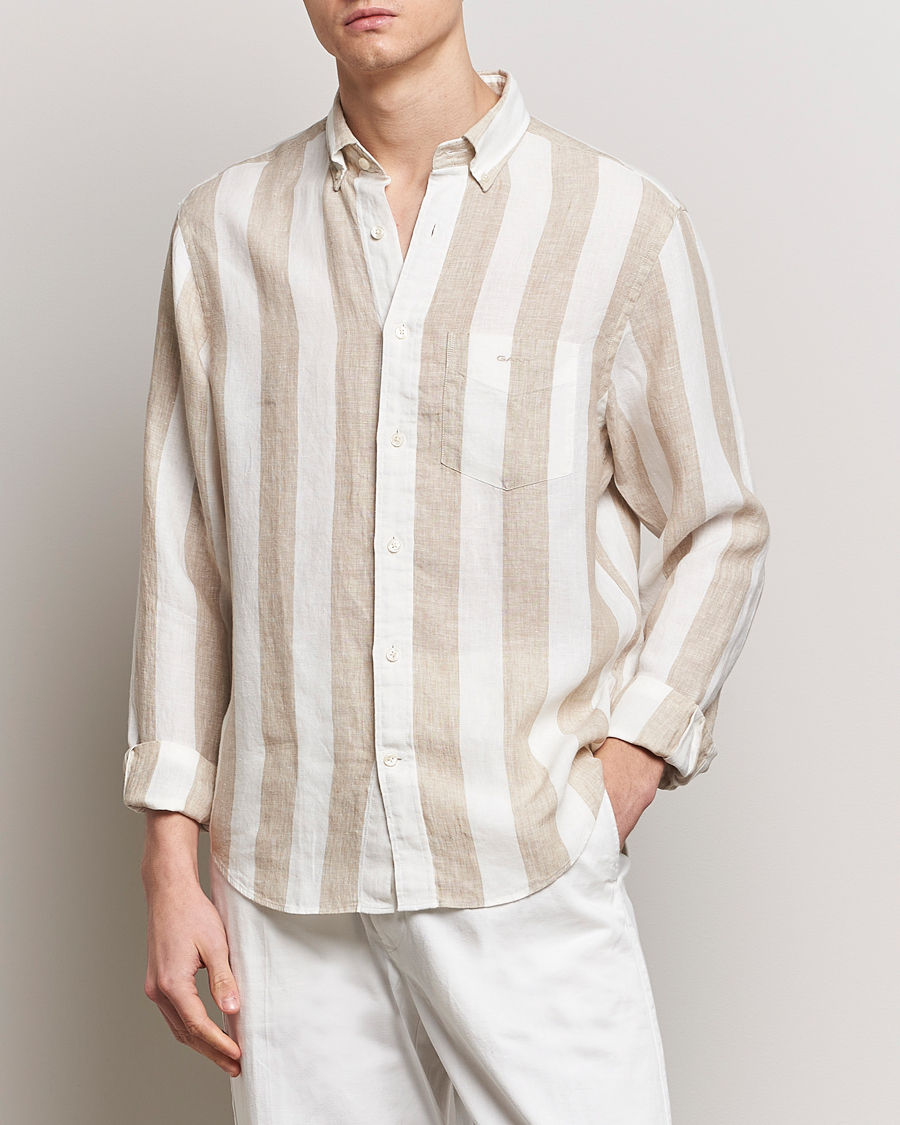 Herre | Preppy Authentic | GANT | Regular Fit Bold Stripe Linen Shirt Beige/White