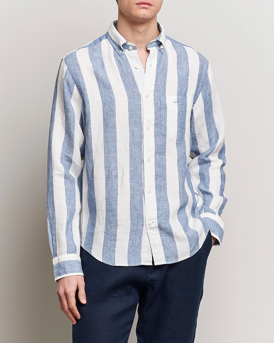 Herre | Preppy Authentic | GANT | Regular Fit Bold Stripe Linen Shirt Blue/White
