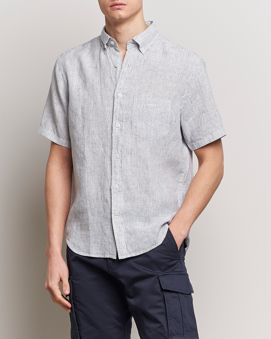 Herre | GANT | GANT | Regular Fit Striped Linen Short Sleeve Shirt White/Blue