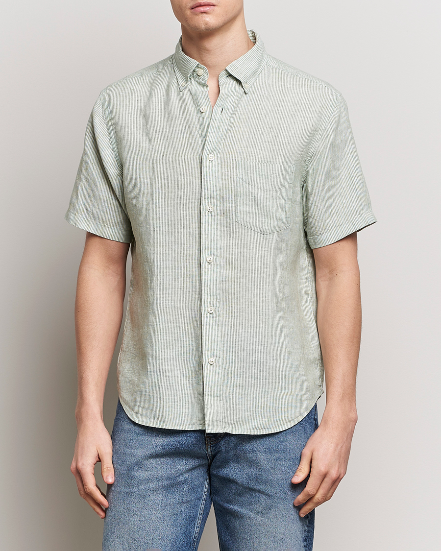 Herre | Nye produktbilder | GANT | Regular Fit Striped Linen Short Sleeve Shirt Green/White