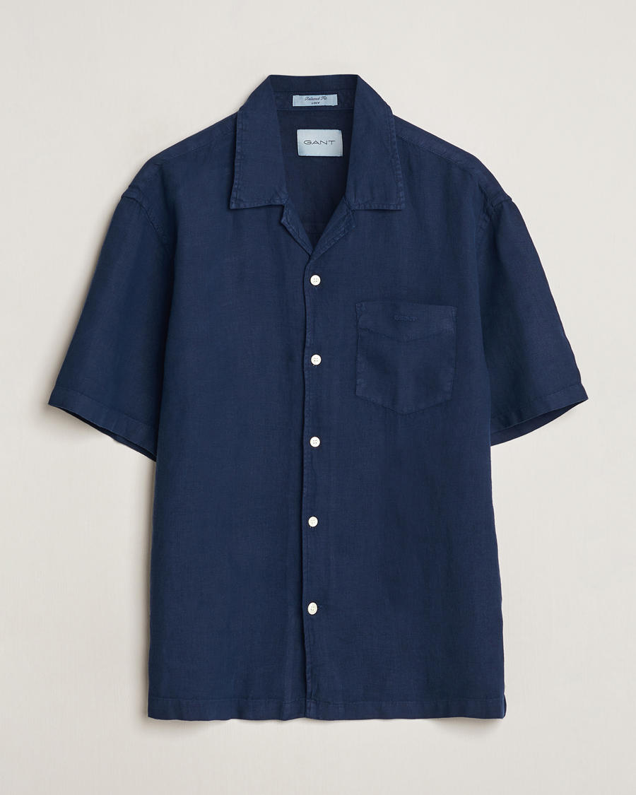 Herre | Skjorter | GANT | Relaxed Fit Linen Resort Short Sleeve Shirt Marine