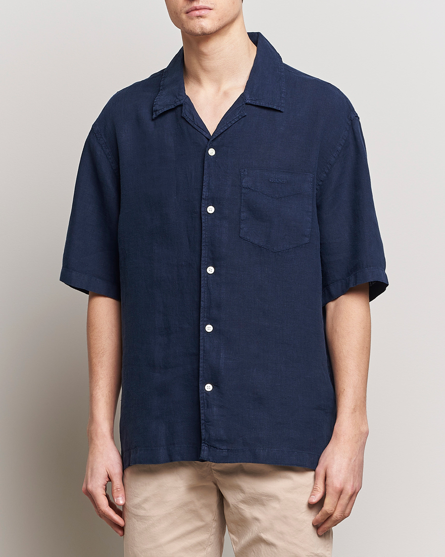 Men | Short Sleeve Shirts | GANT | Relaxed Fit Linen Resort Short Sleeve Shirt Marine