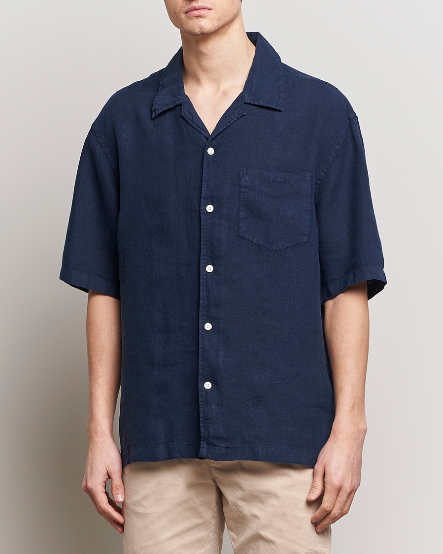 Herre | Lojalitetstilbud | GANT | Relaxed Fit Linen Resort Short Sleeve Shirt Marine