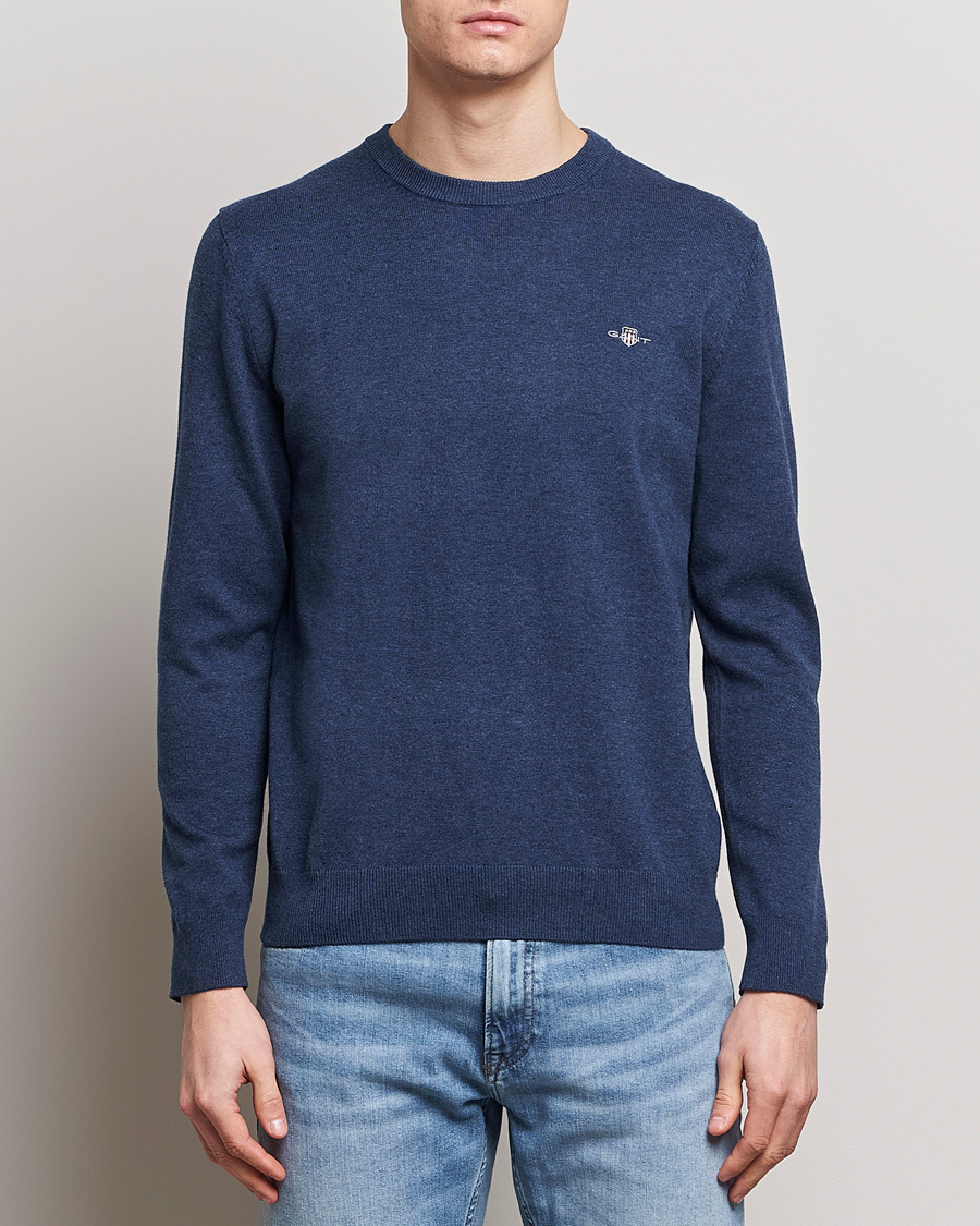 Herre | GANT | GANT | Classic Cotton Crew Neck Dark Jeans Blue Melange