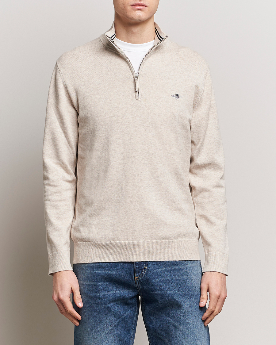 Herre | GANT | GANT | Classic Cotton Half Zip Light Beige Melange