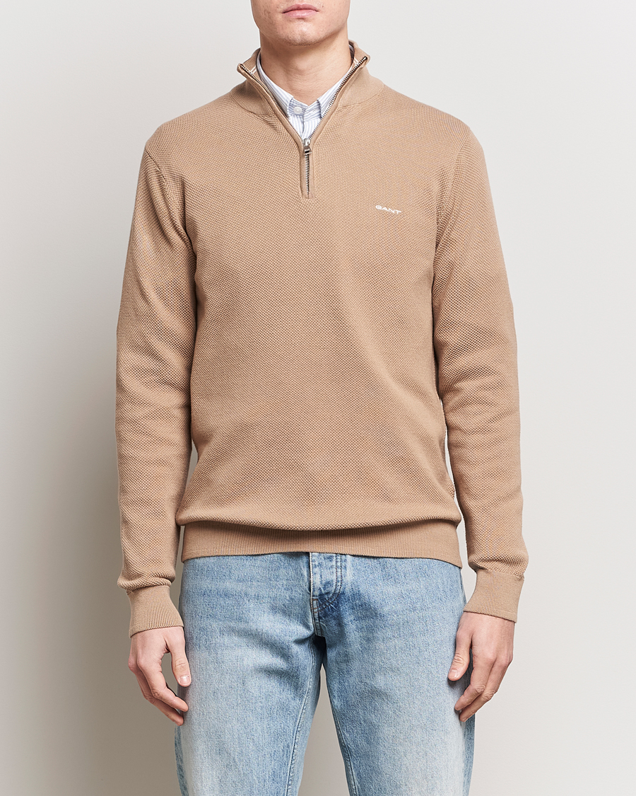 Herr | Kläder | GANT | Cotton Pique Half-Zip Sweater Dark Khaki