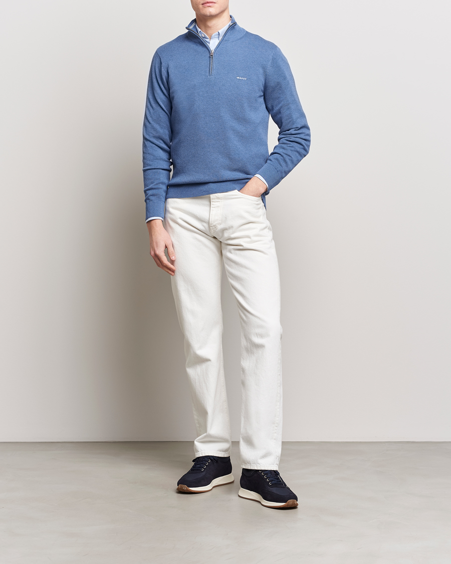 Herre | Gensere | GANT | Cotton Pique Half-Zip Sweater Denim Blue Melange
