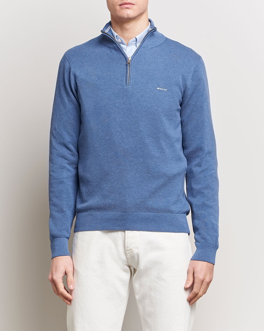 Herre | Klær | GANT | Cotton Pique Half-Zip Sweater Denim Blue Melange