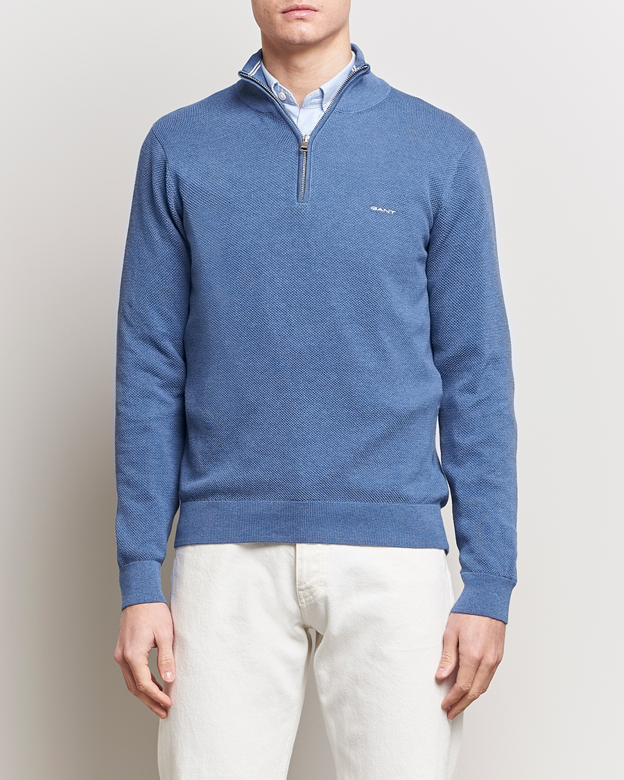 Herre | Gensere | GANT | Cotton Pique Half-Zip Sweater Denim Blue Melange